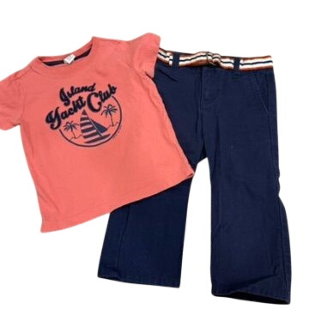Janie and Jack Island Yacht Club Outfit 18-24 Months Coral Tee Navy Belted Pants